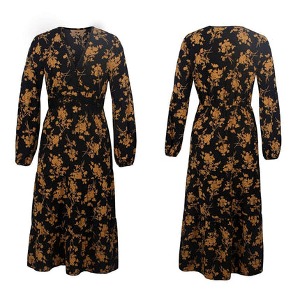 Black and Gold Women's Midi Dress in Floral Print - Wnkrs