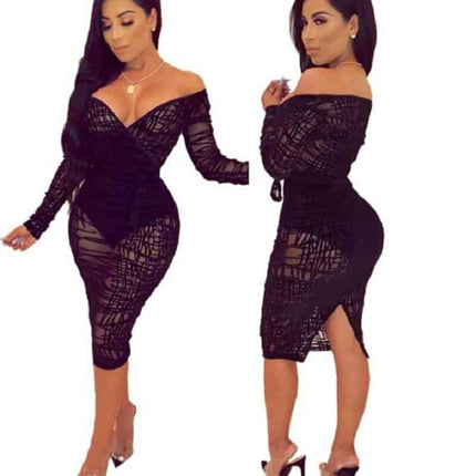 Deep V-Neck Long Sleeved Dress - Wnkrs
