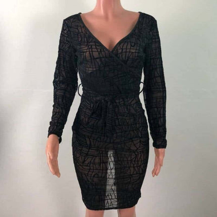 Deep V-Neck Long Sleeved Dress - Wnkrs