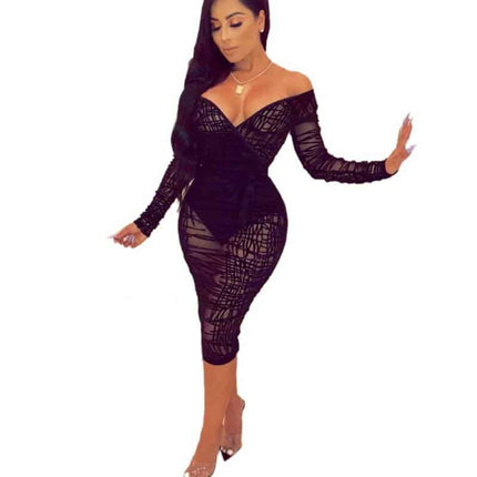 Deep V-Neck Long Sleeved Dress - Wnkrs