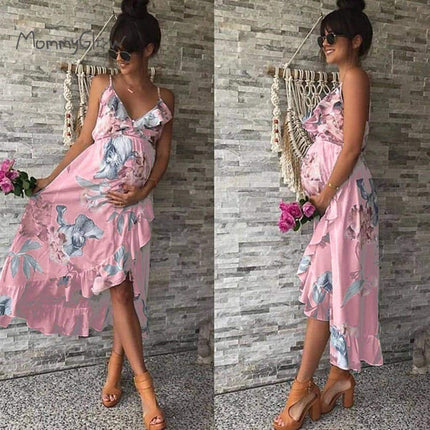 Elegant Maternity Dress Floral Printed Ruffles Sundress - Wnkrs