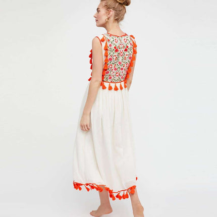 Hand Embroidered Tassel Midi Dress - Wnkrs