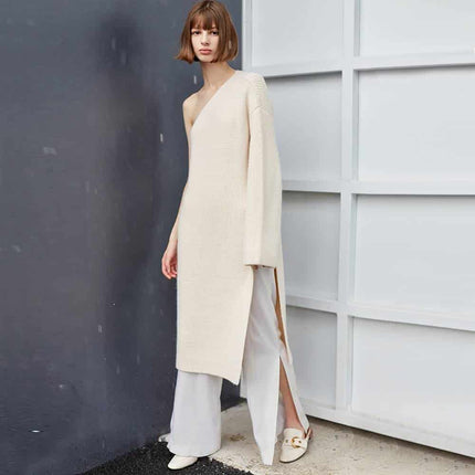 Long Sleeve Knitted One Shoulder Sweater Dress - Wnkrs