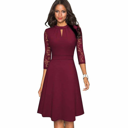Solid Color Hollow Out Women's Dress with Lace Sleeves - wnkrs