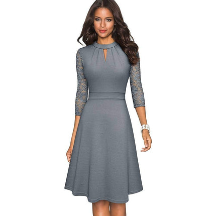 Solid Color Hollow Out Women's Dress with Lace Sleeves - wnkrs
