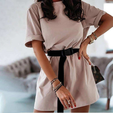 Summer Women's Shirt Style Mini Dress with Black Belt - Wnkrs