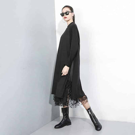 Women's Black Mesh Split Joint Dress with Stand Collar - Wnkrs