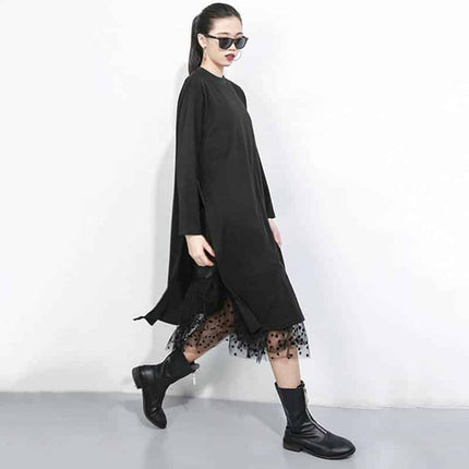 Women's Black Mesh Split Joint Dress with Stand Collar - Wnkrs