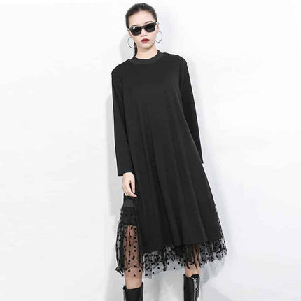 Women's Black Mesh Split Joint Dress with Stand Collar - Wnkrs