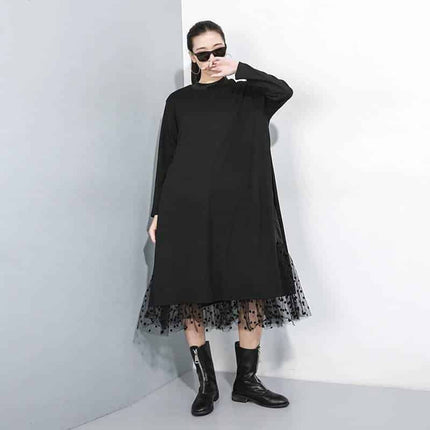 Women's Black Mesh Split Joint Dress with Stand Collar - Wnkrs