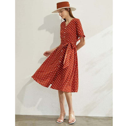 Women's Dot Printed V-Neck High Waist Dress - Wnkrs
