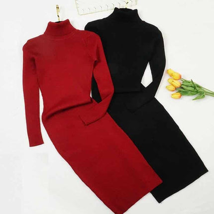 Women's Knitted Solid Color Turtleneck Dress - wnkrs