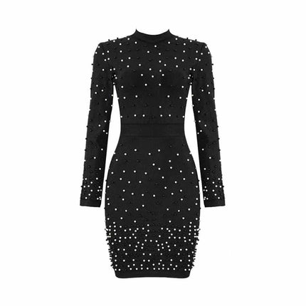 Women's Long Sleeved Beaded Round Neck Dress - Wnkrs