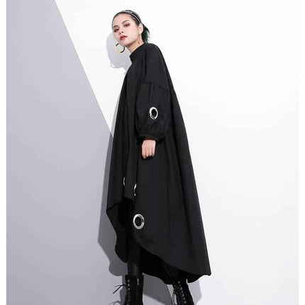 Women's Long Sleeved Black Dress with Metal Rings - Wnkrs