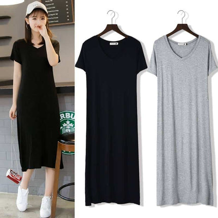 Women's Solid V-Neck Short Sleeved Summer T-Shirt Dress - Wnkrs