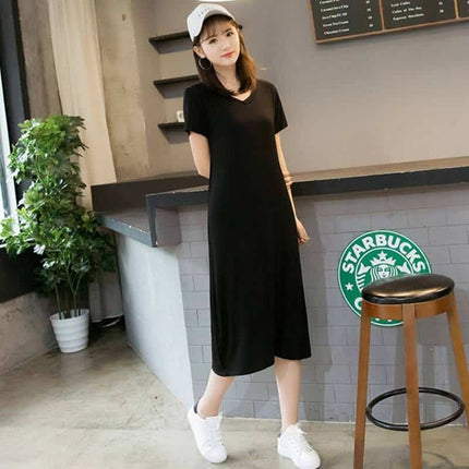Women's Solid V-Neck Short Sleeved Summer T-Shirt Dress - Wnkrs