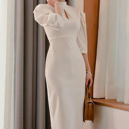 Women's Stand Collar Puff Sleeve White Dress - Wnkrs