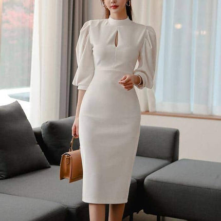 Women's Stand Collar Puff Sleeve White Dress - Wnkrs