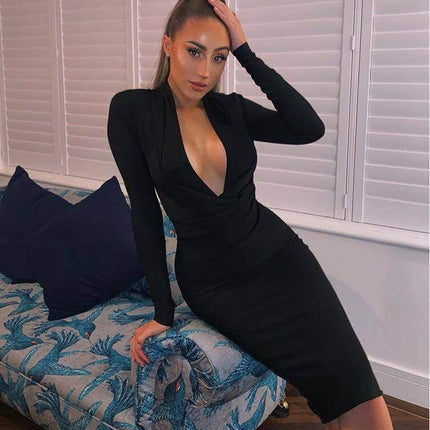 Women's V-Neck Long Sleeved Bodycon Dress - Wnkrs
