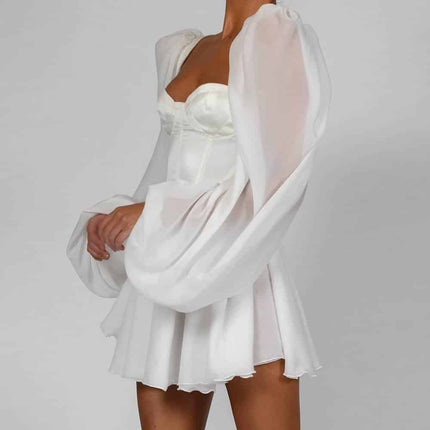 Women's Vintage Lantern Sleeve Satin Mini Dress - Wnkrs