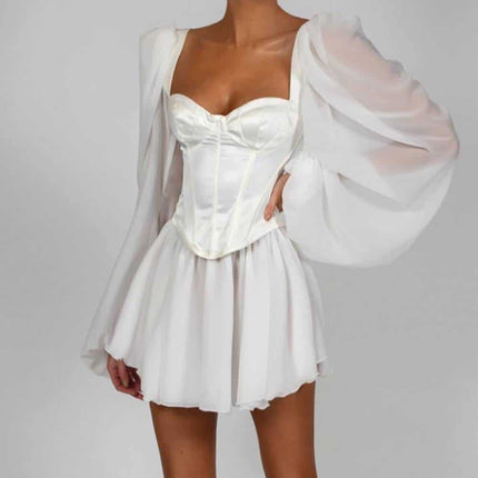 Women's Vintage Lantern Sleeve Satin Mini Dress - Wnkrs