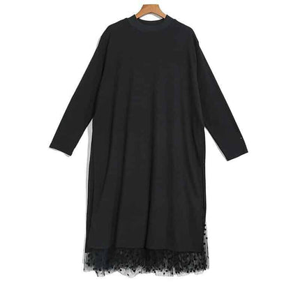 Women's Black Mesh Split Joint Dress with Stand Collar - Wnkrs