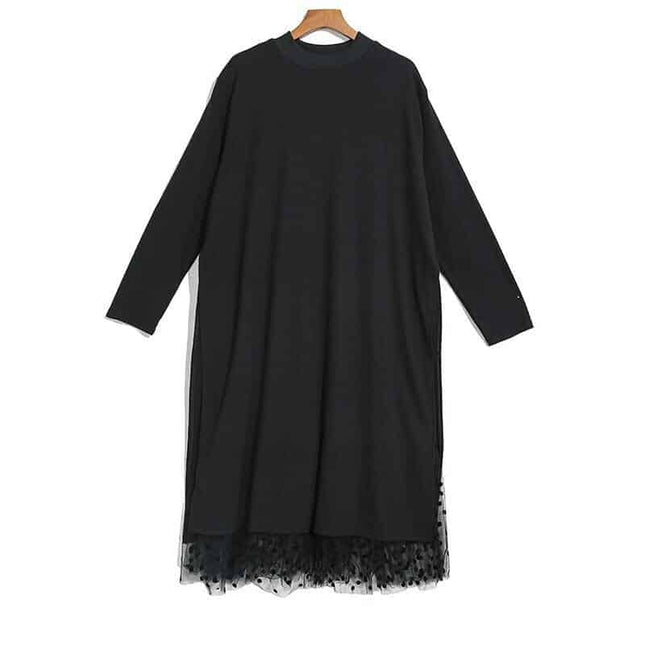 Women's Black Mesh Split Joint Dress with Stand Collar - Wnkrs