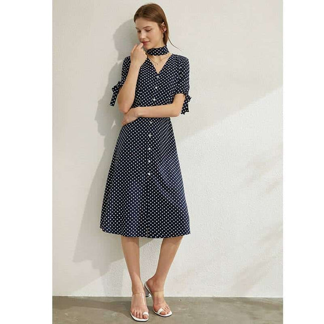 Women's Dot Printed V-Neck High Waist Dress - Wnkrs