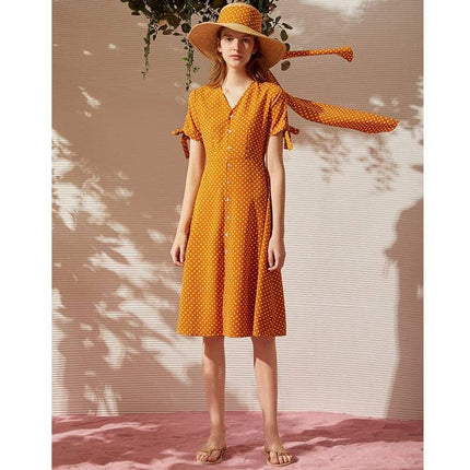 Women's Dot Printed V-Neck High Waist Dress - Wnkrs