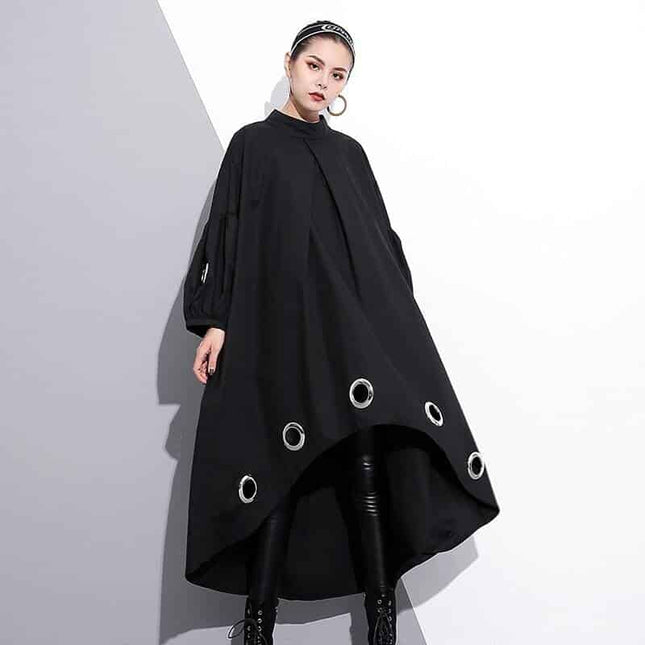 Women's Long Sleeved Black Dress with Metal Rings - Wnkrs