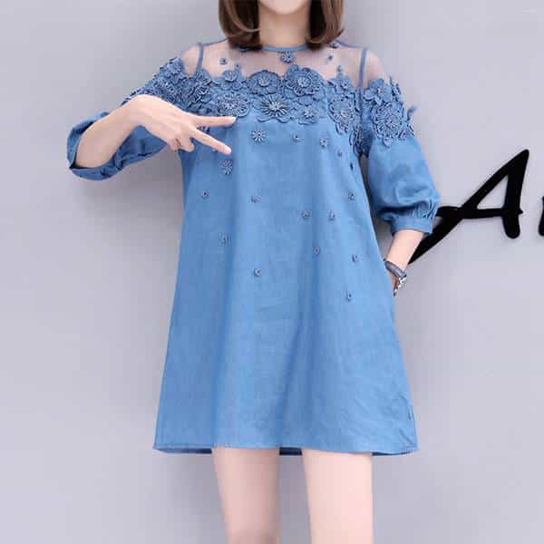 Women's Plus Size Denim Dress With Floral Embroidery - Wnkrs