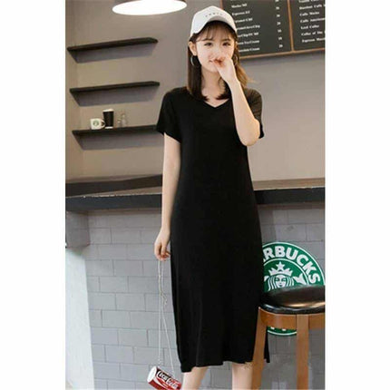 Women's Solid V-Neck Short Sleeved Summer T-Shirt Dress - Wnkrs