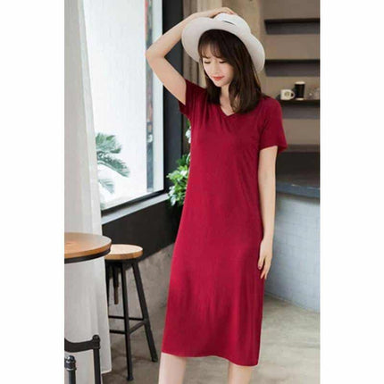 Women's Solid V-Neck Short Sleeved Summer T-Shirt Dress - Wnkrs
