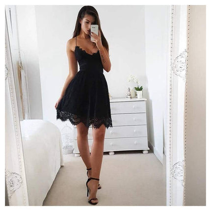 Women's Summer Lace Mini Party Dress with Deep V-Neck - Wnkrs