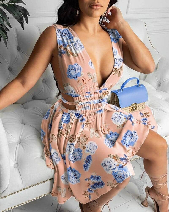 Women's V-Neck Sleeveless Printed Dress - Wnkrs