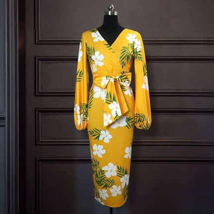 Yellow Floral Printed Bodycon Dress for Women - Wnkrs