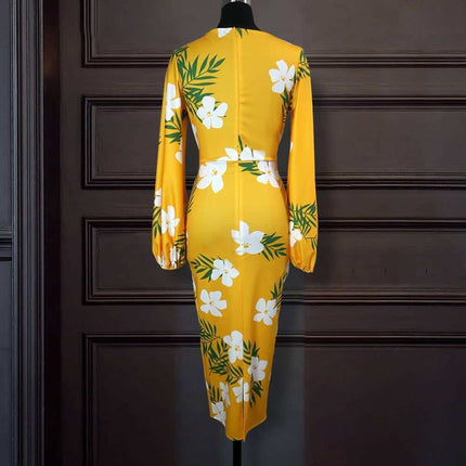 Yellow Floral Printed Bodycon Dress for Women - Wnkrs
